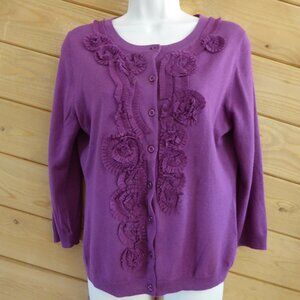 Garnet Hill Purple Button Up 3/4 Sleeve Ribbon Sweater Cardigan Lightweight S